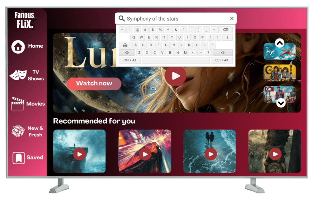 OTT-tv-app met zoeken via het schermtoetsenbord en een rij 'Aanbevolen voor u'