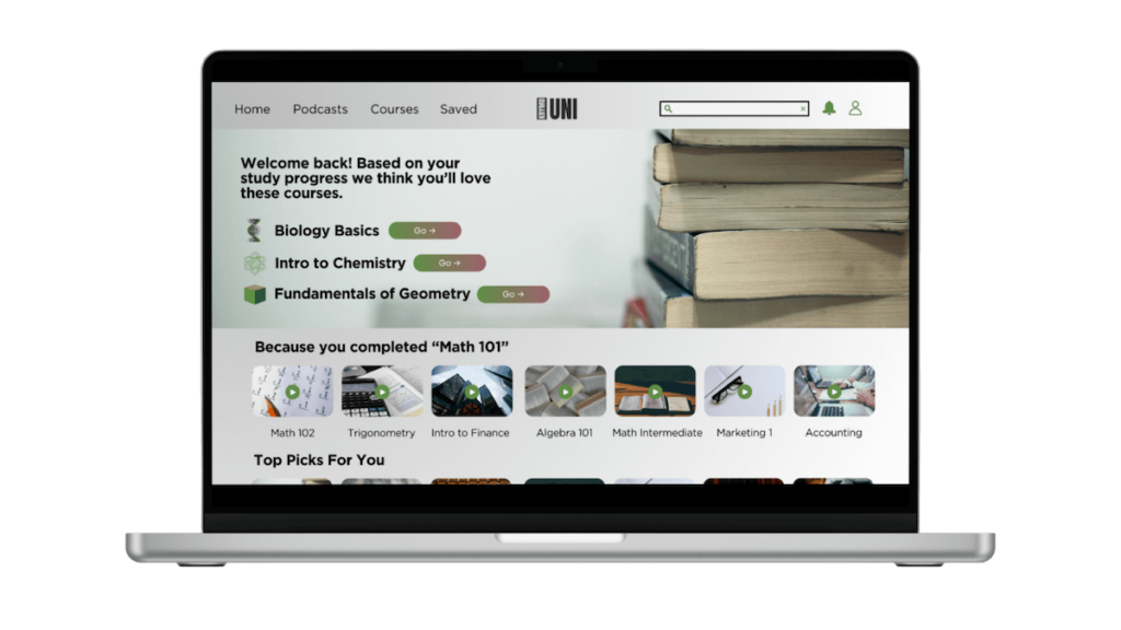 OTT website with personalised course recommendations on a laptop