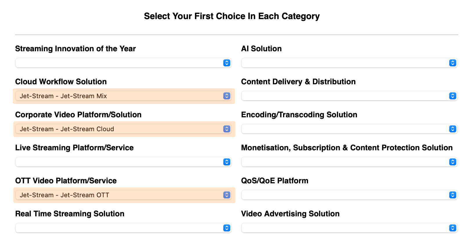 Streaming Media Innovation Awards voting form with Jet-Stream nominations selected