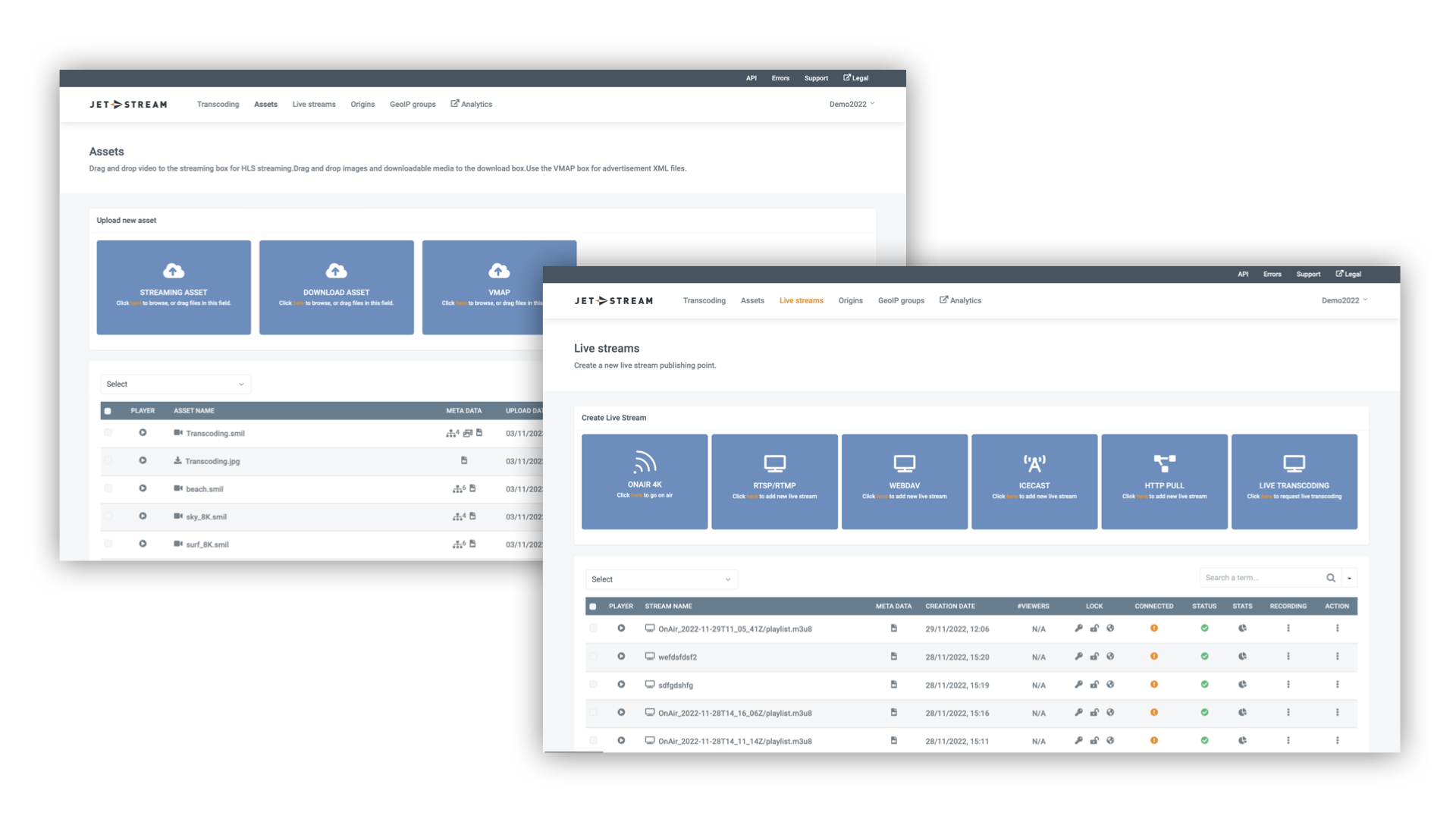 Screenshot of Jet-Stream Cloud dashboard, nominated for Best Corporate Video Platform