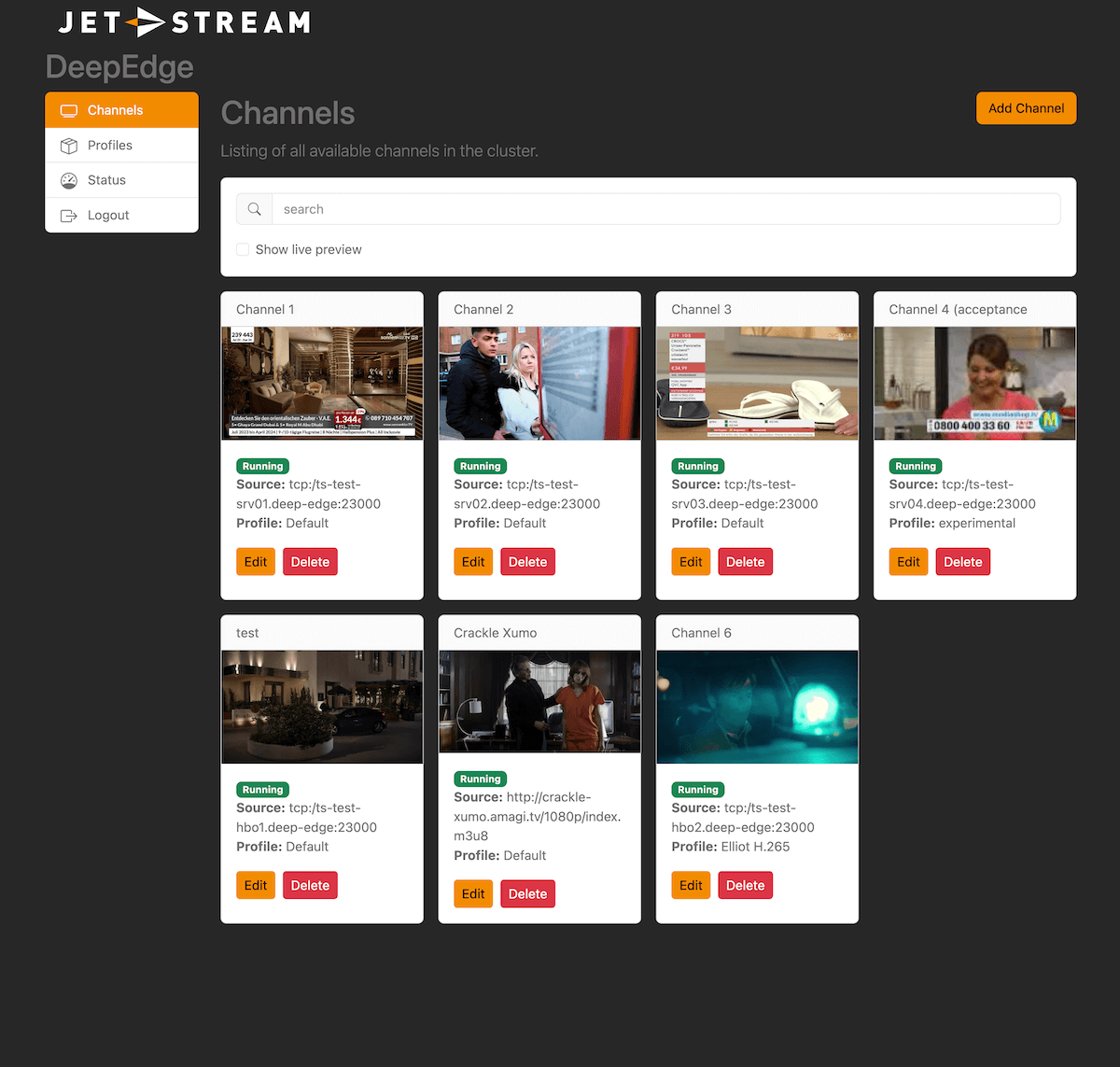 Screenshot of the Jet-Stream MaelStrom live channels overview for OTT transcoding