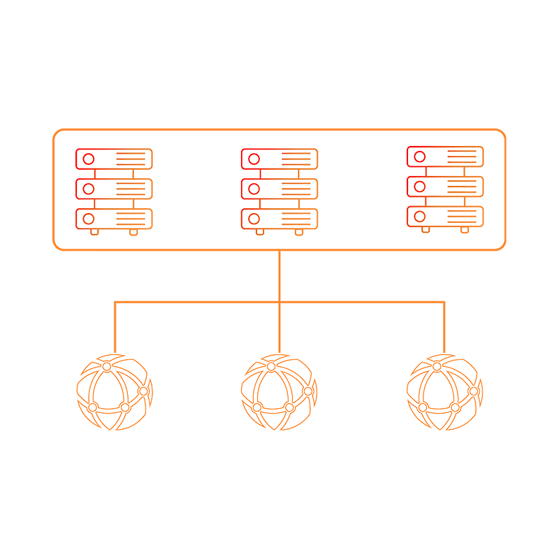 Icon of server racks connected to multiple outputs, illustrating the Jet-Stream Switchboard