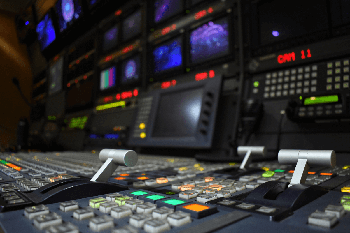 Broadcast control room with vision mixer and monitors, header for the Jet-Stream Advanced Media Streaming Suite