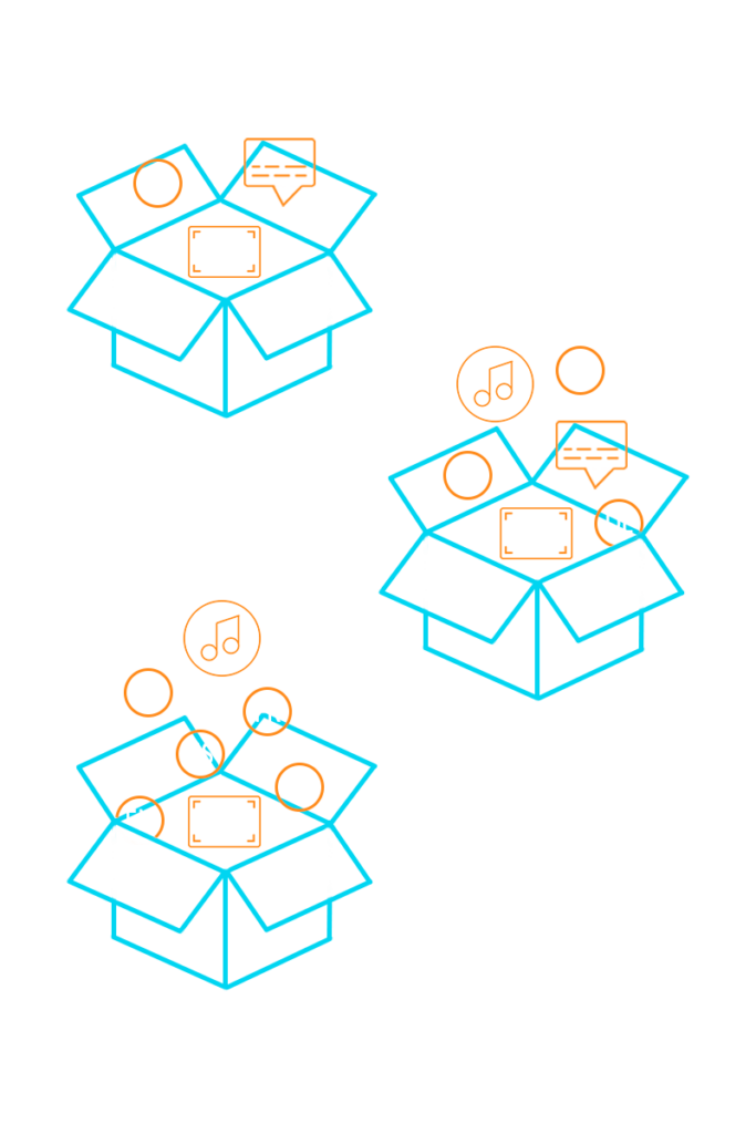 Illustration of open boxes filled with media formats, advanced packaging