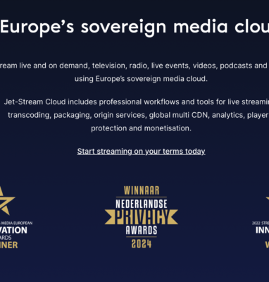 Homepage van Jet-Stream: Europa's soevereine mediacloud, met het winnaarsbadge van de Nederlandse Privacy Awards 2024