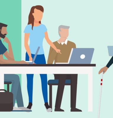 Illustratie van een diverse groep mensen aan een bureau, over digitale toegankelijkheid van video
