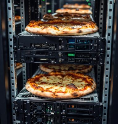 Pizza’s in een serverrack, omslagbeeld voor watt per kanaal en groene transparantie